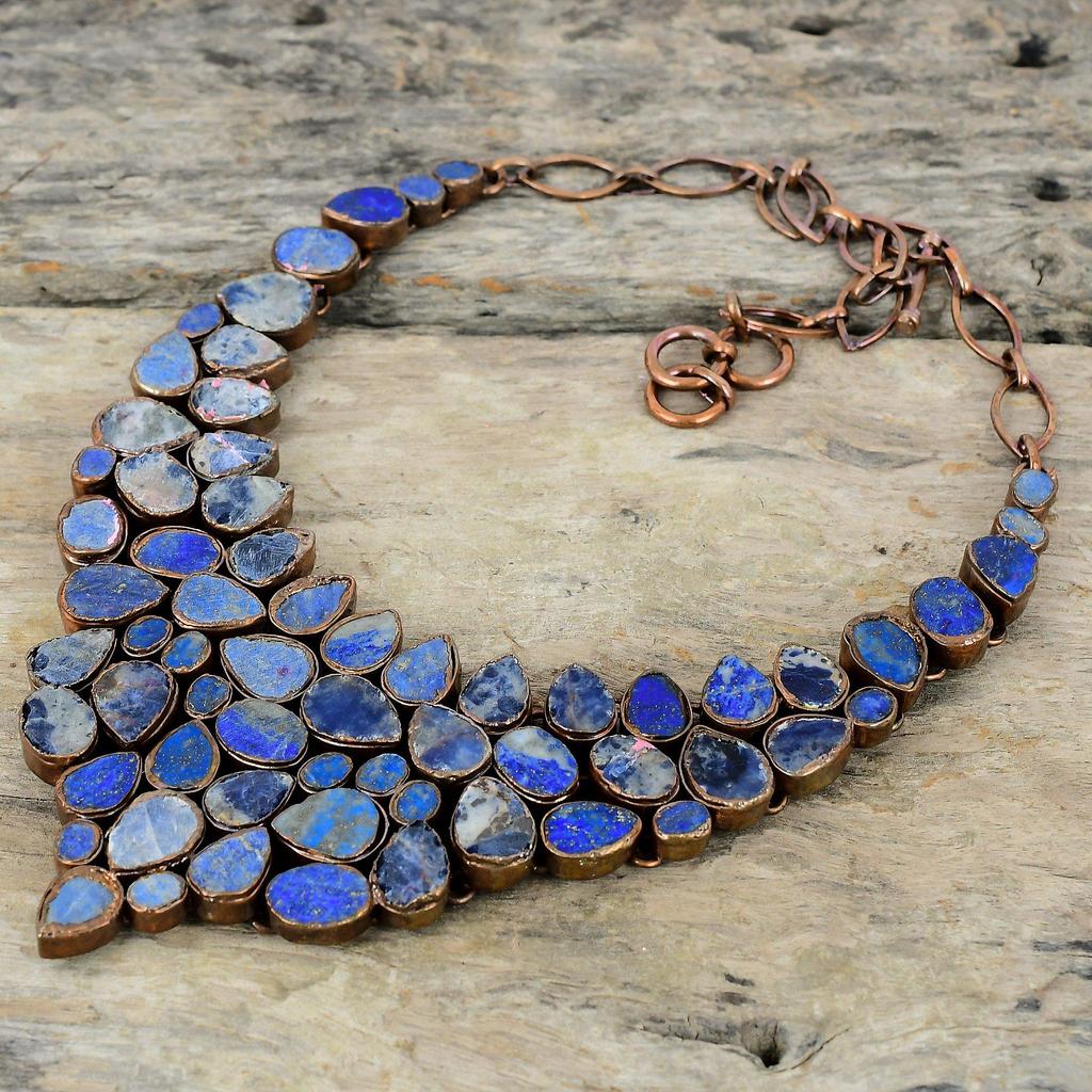 Грубое ожерелье из содалита Ожерелье из гальванизированной меди Ожерелье с регулируемой цепочкой Лазурит Грубое ожерелье из драгоценных камней Медные украшения ручной работы