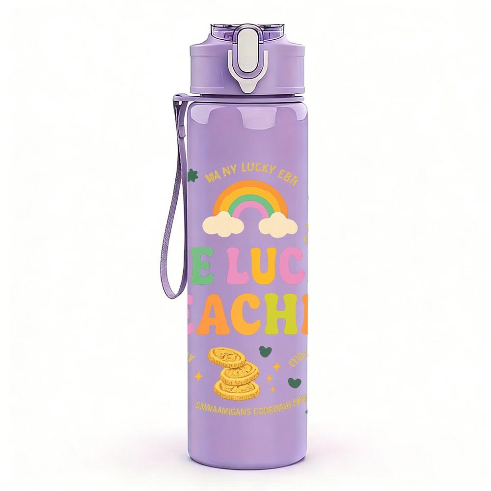 1PC One Lucky Teacher Rainbow Clover 750ml Color Plastic Sports Water Bottle Leakproof Flip Straw Lid Suitable for Sports Office Home Use