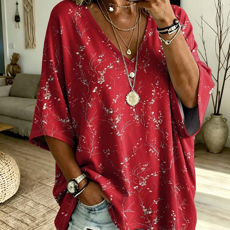 Elegant and comfortable simple pattern print large size women's V-neck T-shirt