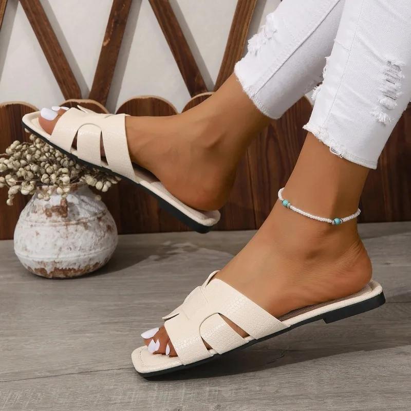2024 летние новые женские тапочки на плоской подошве, Нескользящие уличные пляжные женские сандалии с открытым носком, пикантные модные дизайнерские шлепанцы, женская обувь