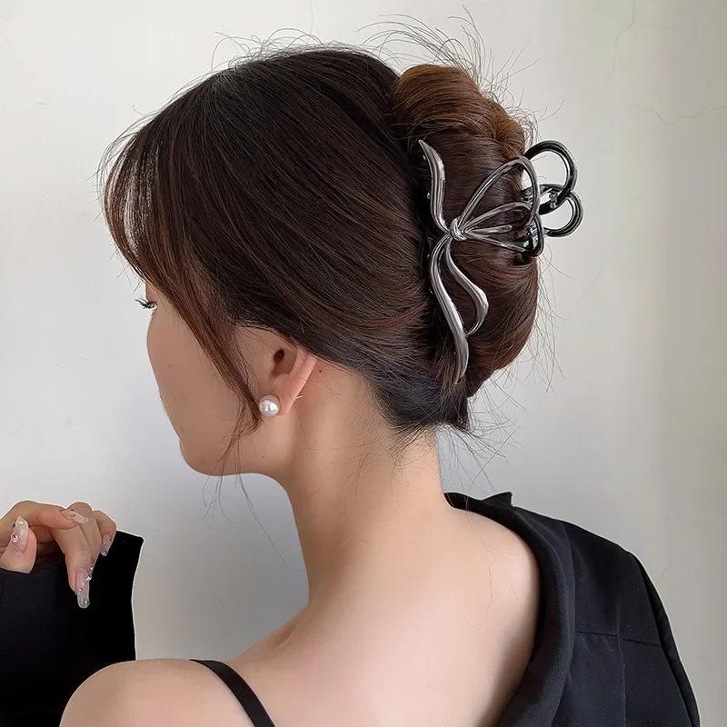 Большой бант Женский зажим-краб для волос для густых тонких волос Аксессуары Модный элегантный Золотой Серебряный Металлический Стример Зажим-краб Ювелирные изделия