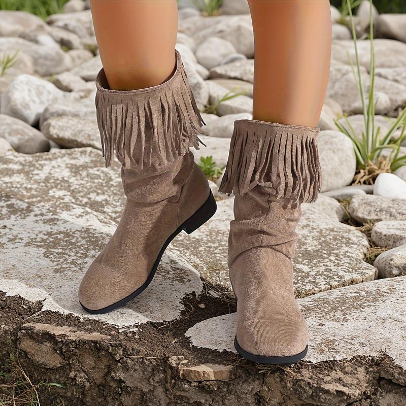 Винтажные матовые ботильоны с кисточками, женские осенние новые ботинки в западном стиле с круглым носком, натягивающиеся на ногу, с мягкой подошвой, нескользящие, средней высоты