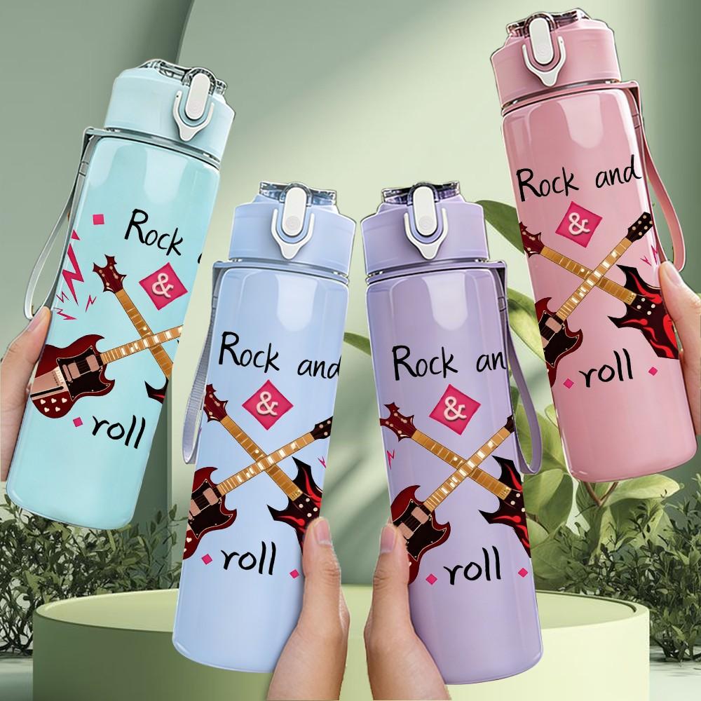 1PC Rock And Roll Guitar Music Print 750ml Color Plastic Sports Water Bottle Leakproof Flip Straw Lid Suitable for Sports Office Home Use