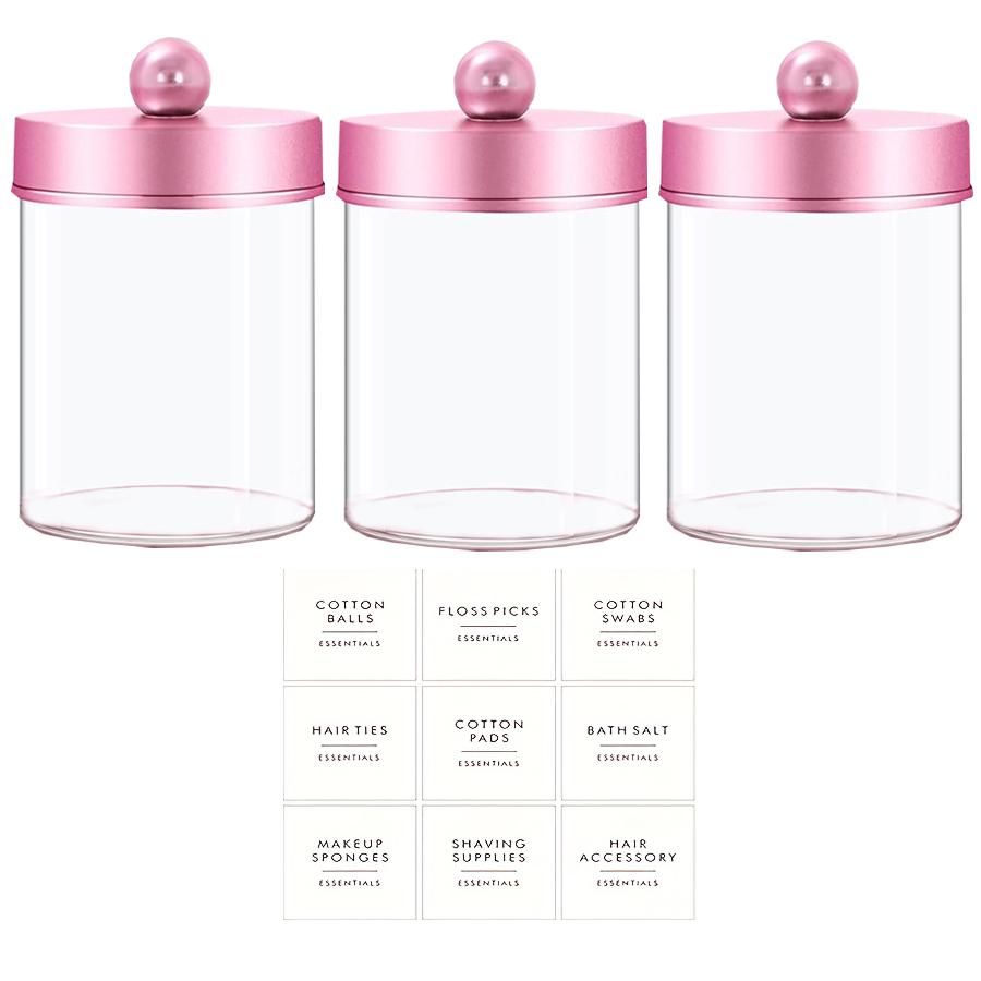 3/4/6 Pack Clear Storage Box Canister Qtip Holder Apothecary Jars with Pink Lids, Bathroom Organizers for Cotton Balls,Swabs