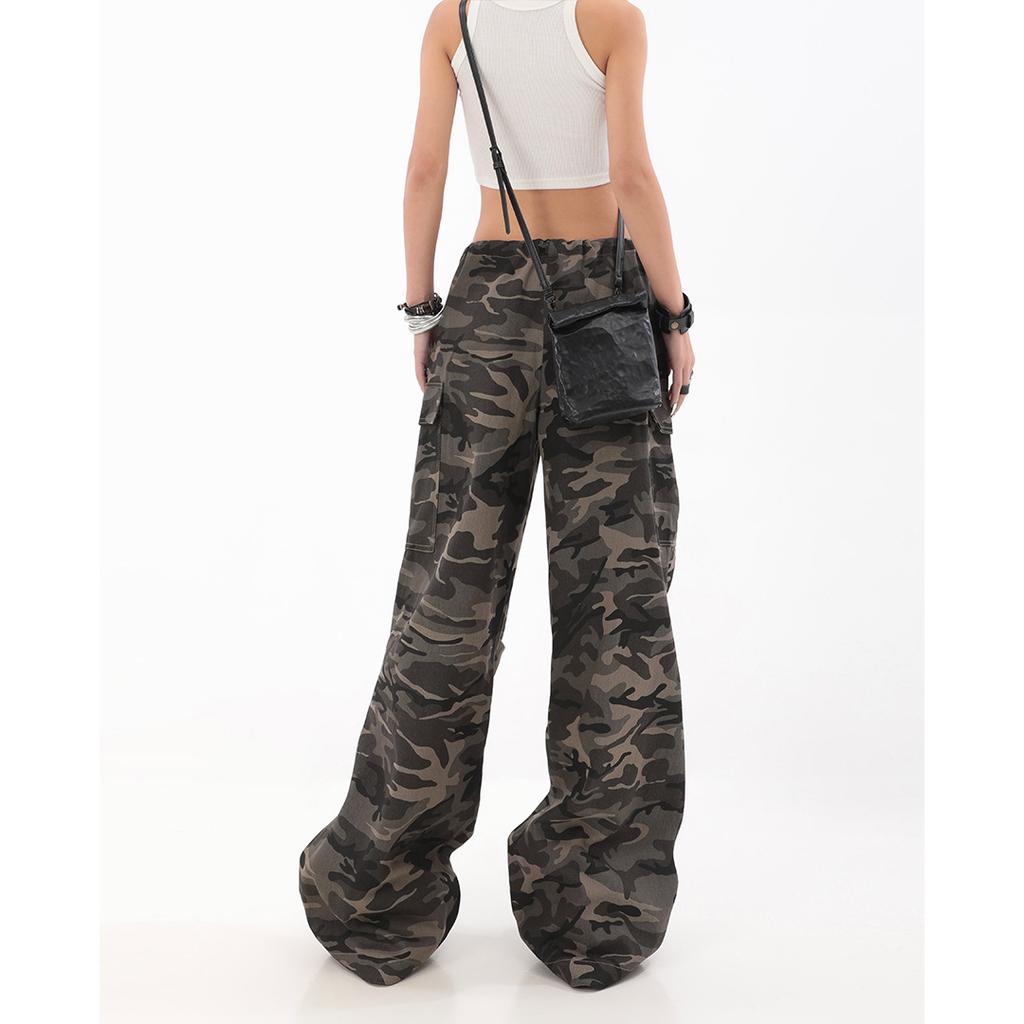 Рабочие брюки в стиле ретро-камуфляж для женщин, осень, свободные прямые повседневные брюки в стиле хип-хоп с драпировкой