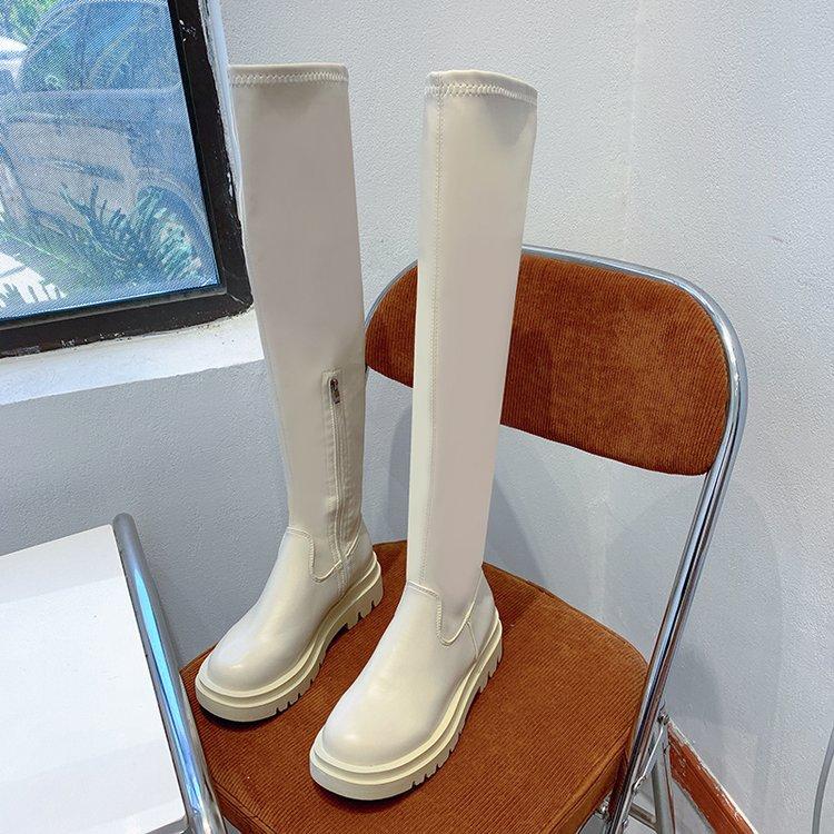 Женские сапоги выше колена Мотоциклетные ботинки Челси Зимняя обувь Модные сексуальные длинные сапоги из искусственной кожи на платформе и каблуке Женская обувь большого размера