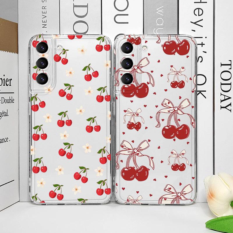 Милый корейский чехол для телефона Samsung Galaxy S22 S23 S24 S25 Plus Ultra S21 FE с вишневым бантом, прозрачный, мягкий, противоударный, задняя крышка