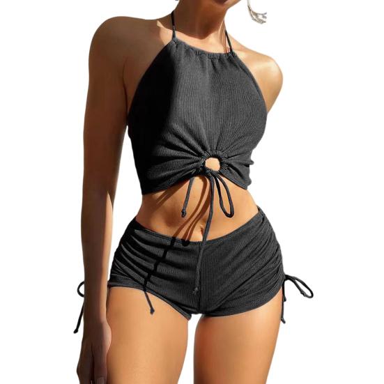 2Pcs/Set Women Summer Bikini Set Hollow Out Halter Bra High Waist Side Drawstring Swimming Trunks Set Bathing Suit Beachwear