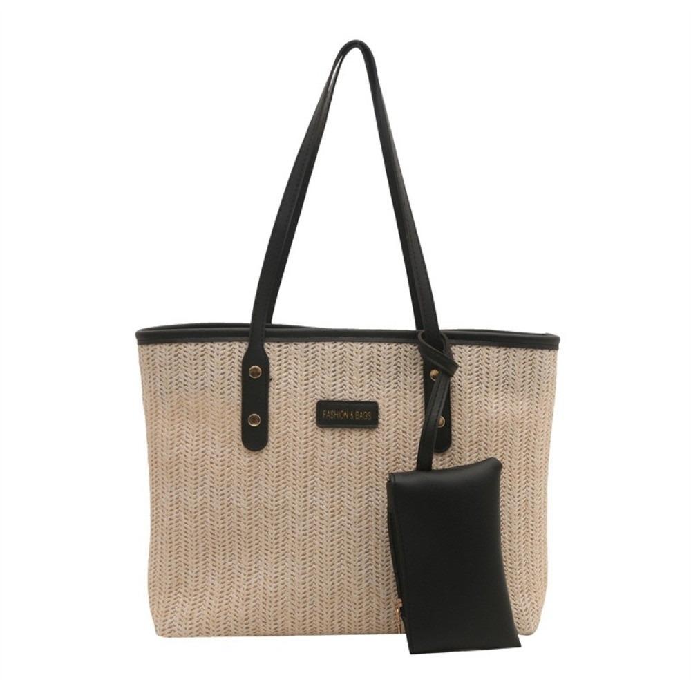 PU Weave Tote Bag Solid Color Beach Straw Handbag Simple Straw Shoulder Bag Women