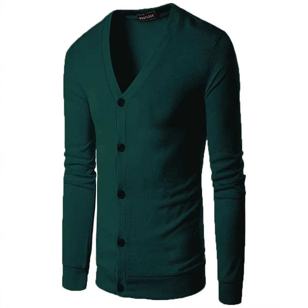 Мужской вязаный кардиган с V-образным вырезом - Повседневный однотонный свитер с длинным рукавом для весны и осени