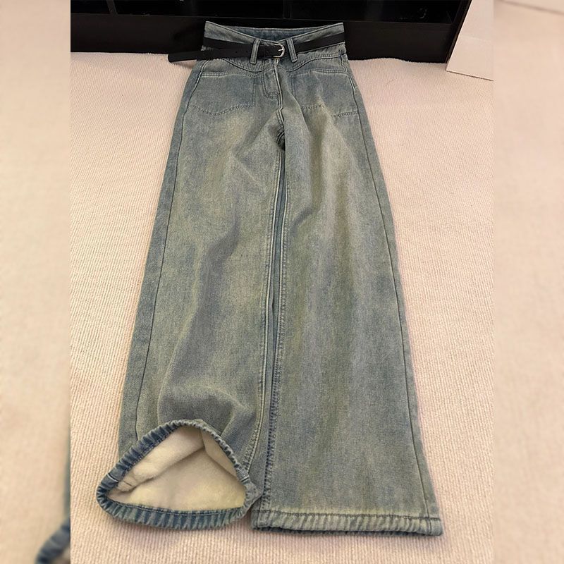 Autumn and Winter American Retro Washed Thickened Plus Velvet Jeans, High Waist, Thin, Straight Loose Wide-leg Trousers