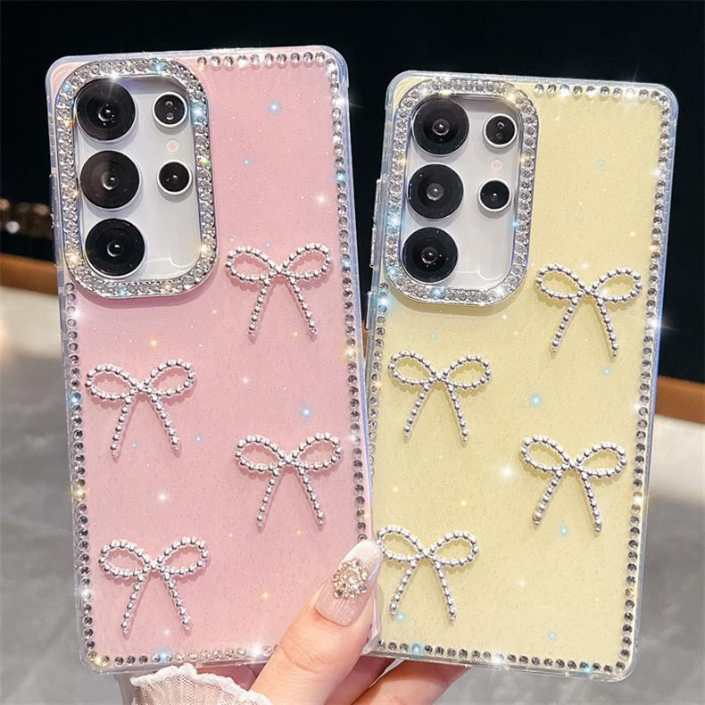 Suitable for Samsung S25UltraA17/A56 protective case with 3D bow and sparkling diamonds, IMD phone case 17ProMax