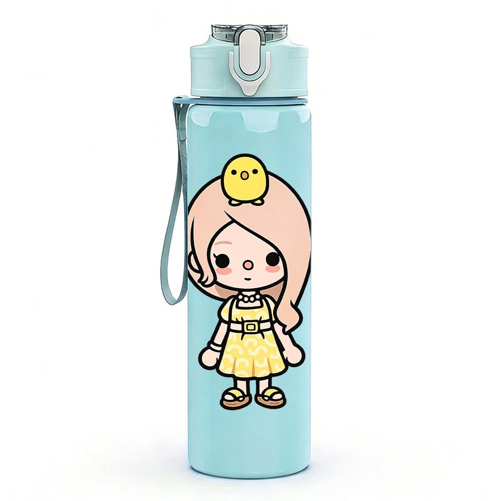 1PC Yellow Hat Sweet Girl Cartoon Print 750ml Color Plastic Sports Water Bottle Leakproof Flip Straw Lid Suitable for Sports Office Home Use