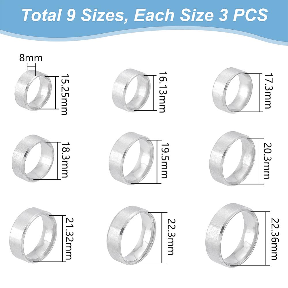 27Pcs 9 Styles 201 Stainless Steel Plain Band Ring for Women, Matte Stainless Steel Color, Inner Diameter: 15.25~22.36mm, 3pcs/style