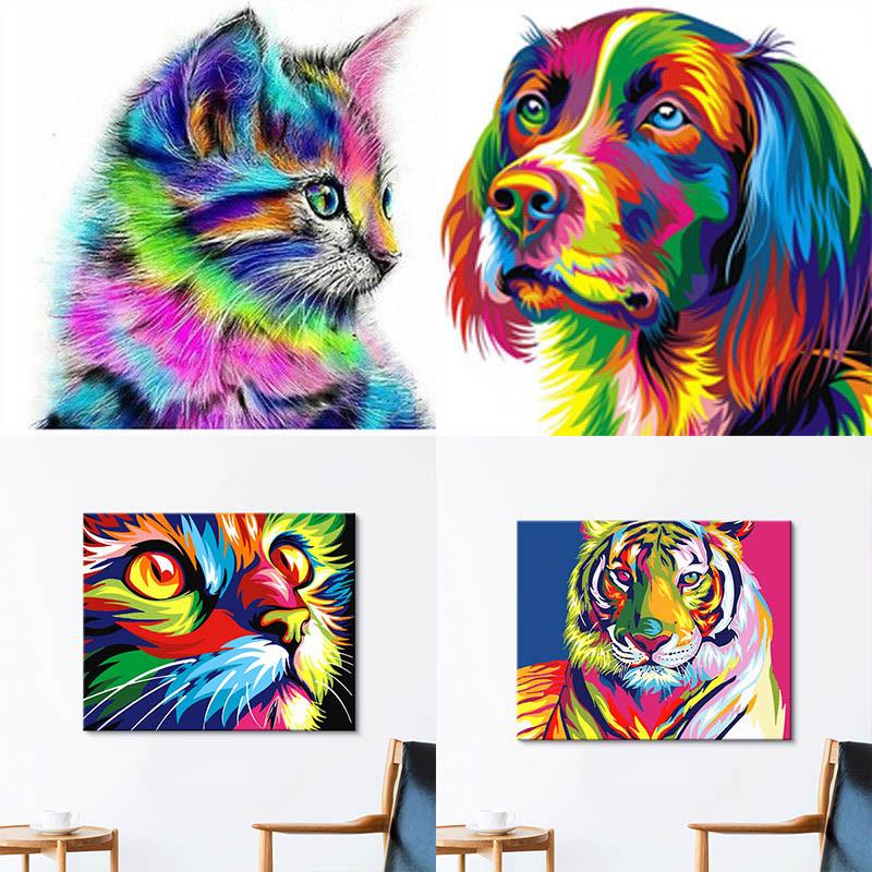 Яркая абстрактная картина на холсте с тигром и львом для современного декора гостиной 40x30см