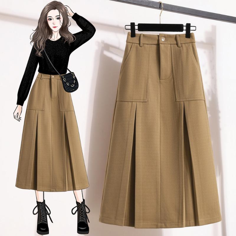Dimanaf 2024 New Autumn Winter Plus Size Long Women Skirts Solid A-Line Oversize Lady Elegant High Waist Pleated Skirts