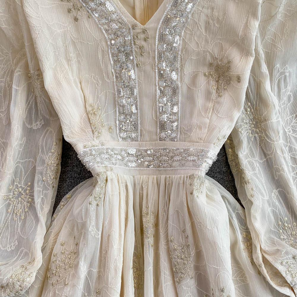 Lente Zachte Wind Temperament Fee Super Xiansen Afdeling Taille Sluiten Dunne Lange Mouwen V-hals Sequin Een-Woord Jurk