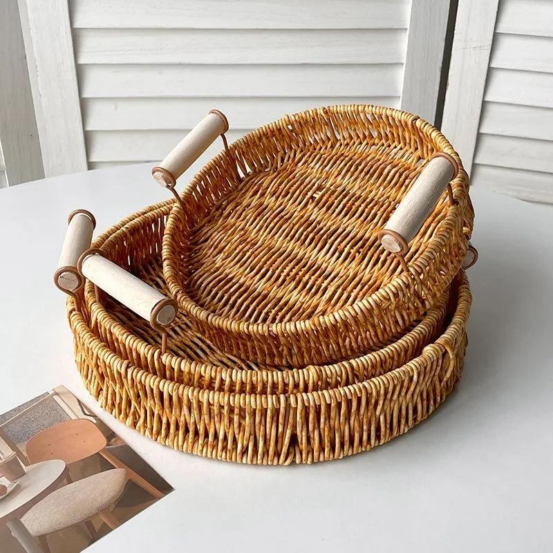 Storage Tray Round Rattan Woven Tray Fruit Breakfast Tea Storage Basket Desktop Sundries Organizer Bread Plates With Wood Handle