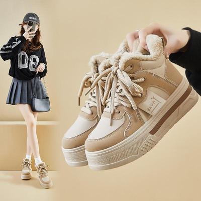 2025 Женские кроссовки в корейском стиле на флисовой подкладке, белые - Зимняя спортивная обувь на толстой подошве M019
