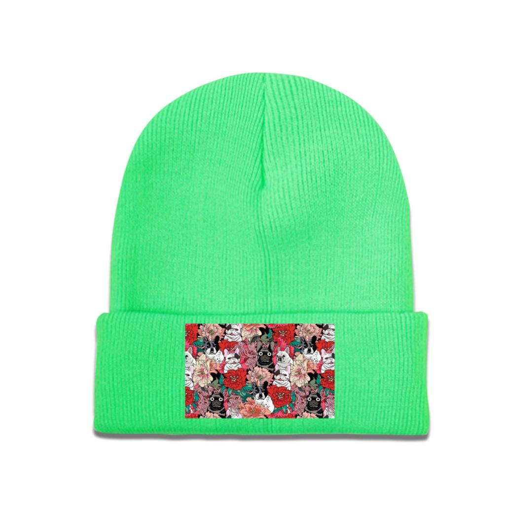 Flowers French Bulldog Knit Hat Beanie Winter Hats Warm Acrylic Street Caps Unisex Women
