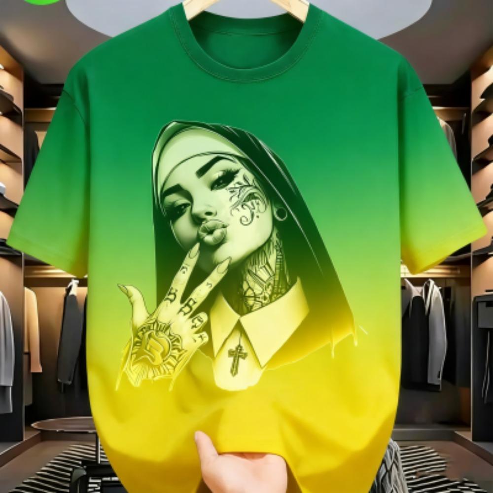 Summer Fashion Colorful Tattooed Nun Graphic Print Women's T-shirt Summer Casual Loose Short Sleeves Men's and Women's Tees Top
