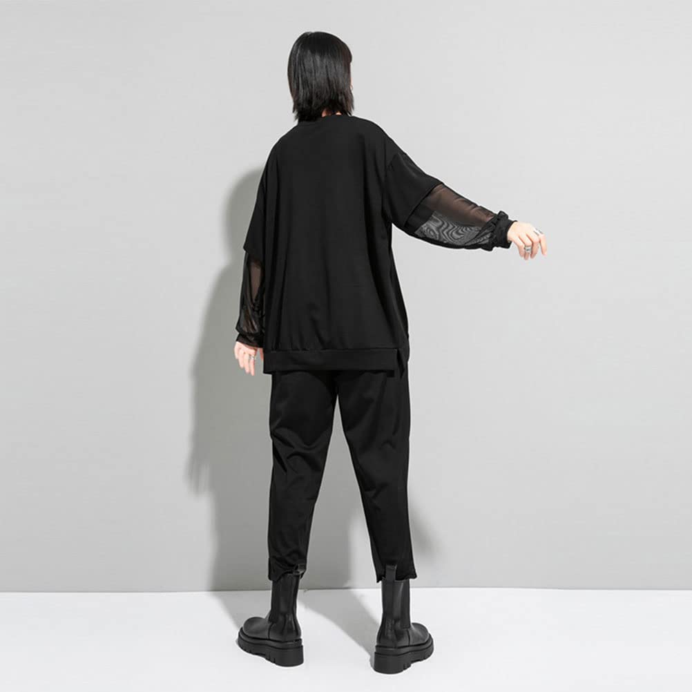 Morino Loose Fit with Tulle Striped Stylish Unique Long Women's T-Shirt Sleeves, Pattern, Streetwear, Style, Black, Spring/Summer (Black - Sleeve)