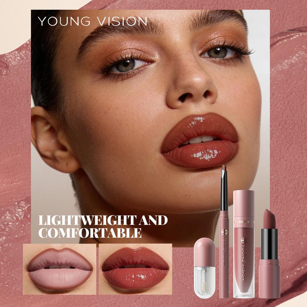 4Pcs Lip Set with Lip Liner Pencil, Matte Liquid Lipstick & Lip Gloss,Long Lasting, Hydrating, Makeup Kit