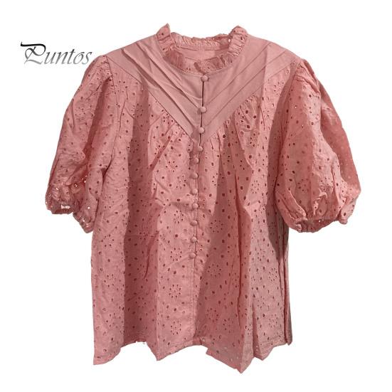 Женская рубашка с воротником-стойкой и V-образным вырезом, коротким рукавом, ажурным вышитым цветочным узором, кружевная блузка, повседневные нарядные топы