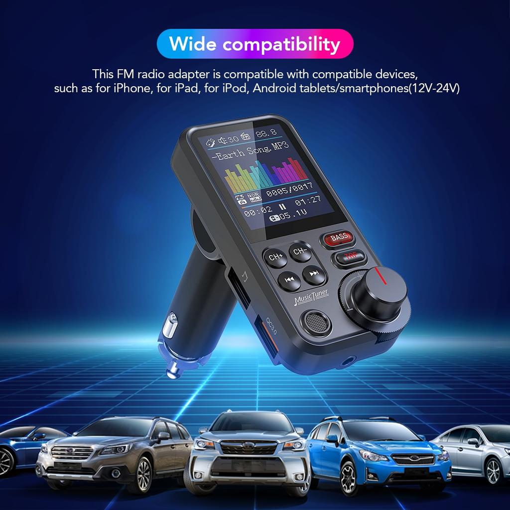 1,8-дюймовый беспроводной автомобильный Bluetooth FM-передатчик Aux поддерживает зарядку QC3.0 с высокими и низкими частотами, музыкальный плеер