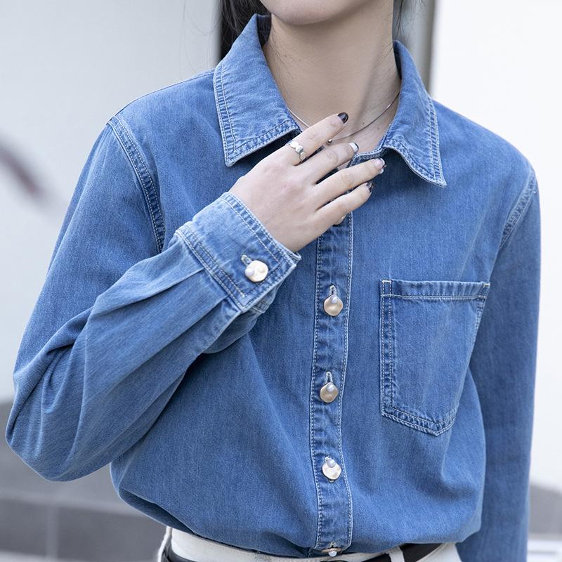 Blue Soft Denim Shirt Jacket Women's Loose Spring Autumn Long Sleeve Stacked Casual Shirt