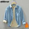 Slim Winter Warm Men Tops Simple Style Long Sleeve Fleece Denim Shirt with Pocket Daily Casual Pure Cotton Men Clothing