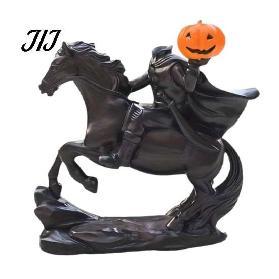 Horseman Riding Horse Statue Halloween Headless Statue, Gothic Knight Black with Ornaments Pumpkin Lantern, Spooky Resin Festive Decor for Home Yard