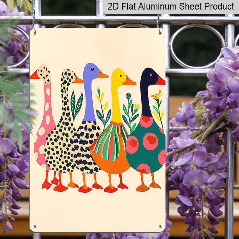 2D Flat 8×12 Inch Colorful Abstract Patterned Ducks Metal Sign - Whimsical Folk Art Style Wall Decor, Aluminum Hanging for Nursery, Living Room or