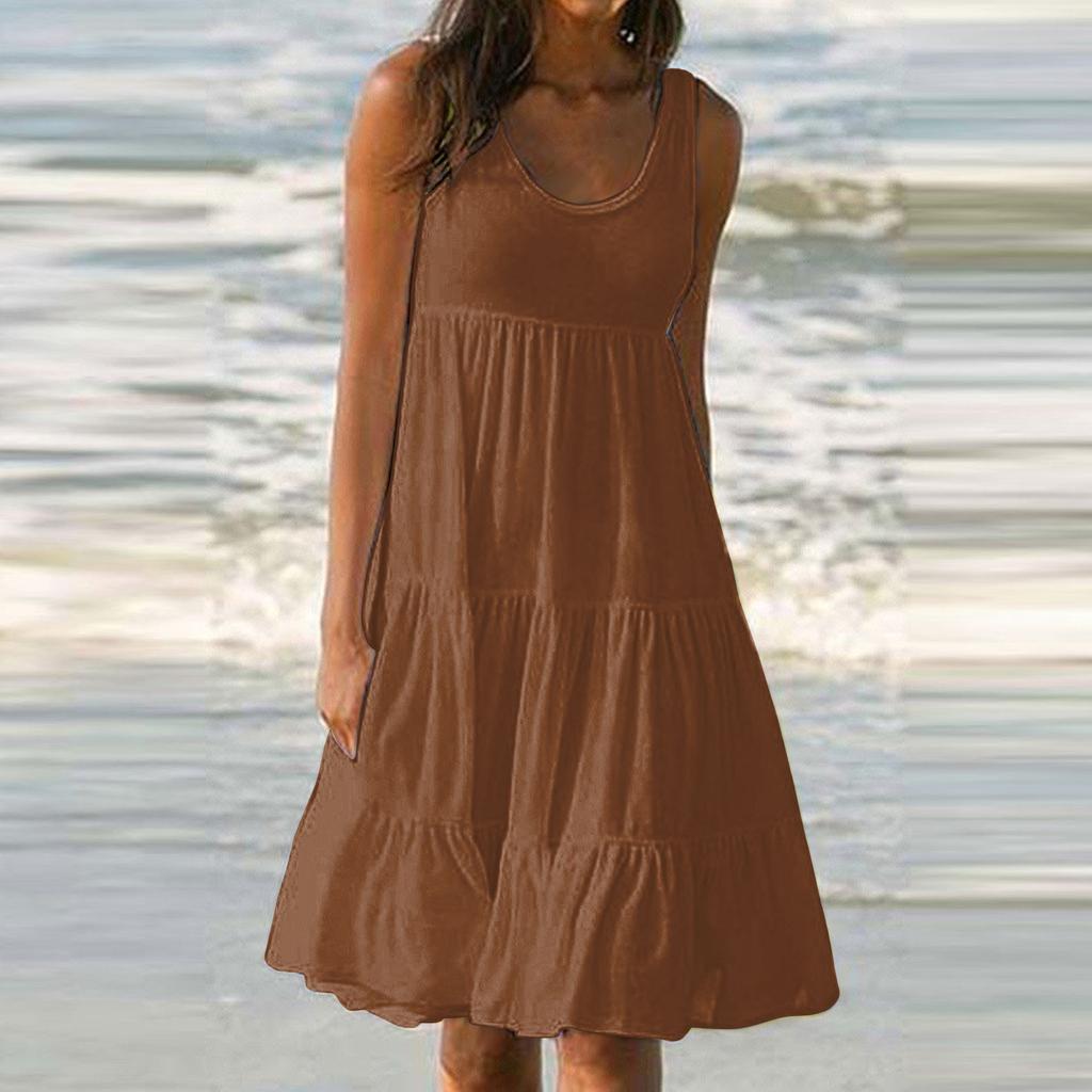 Женские платья-жилеты Лето-весна Плиссированные богемные платья Симпатичные струящиеся пляжные платья без рукавов Прямая футболка Платья-майки Платья с круглым вырезом