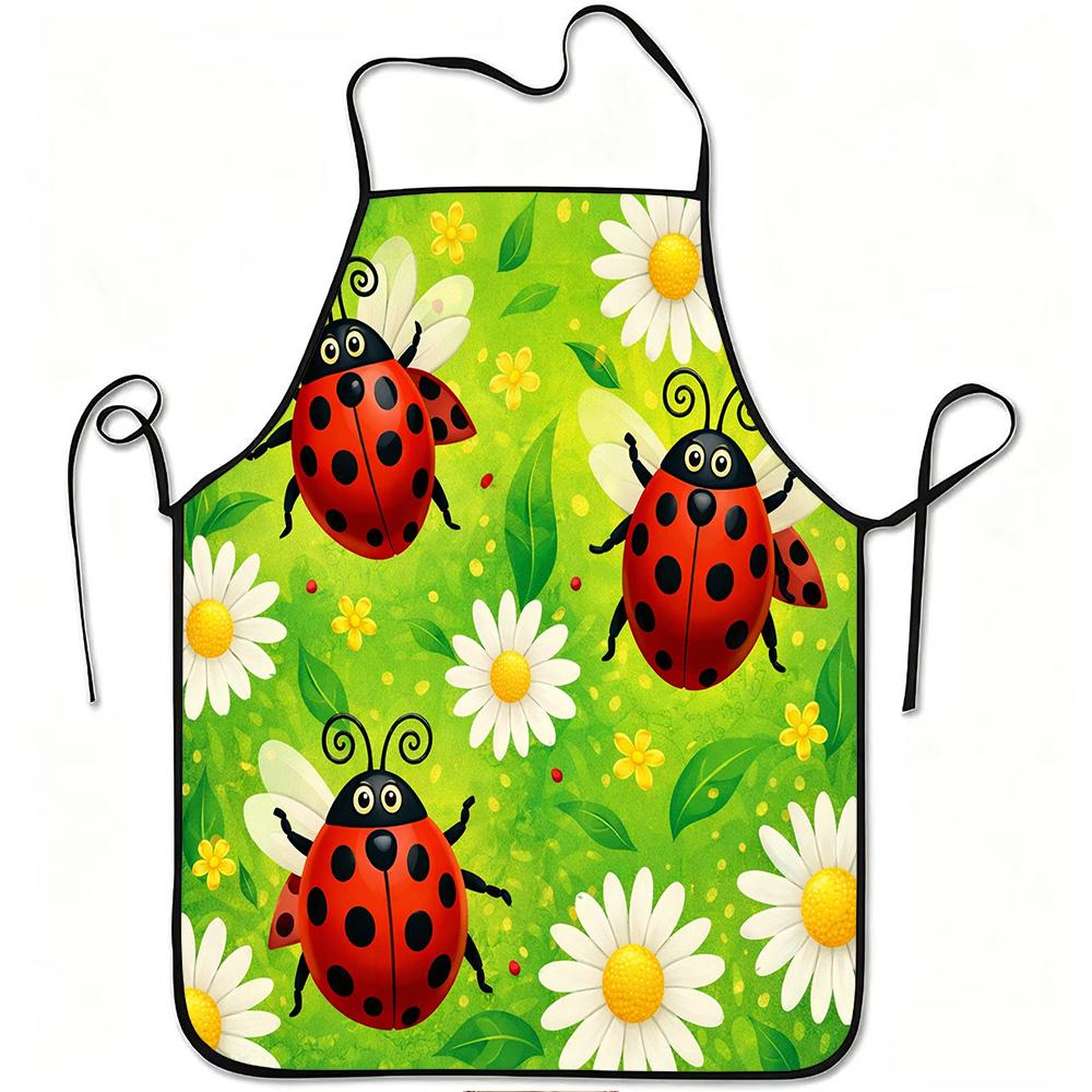 1pc Ladybug and Daisy Garden Print Apron, Durable and Easy to Clean, Adjustable Waistband, Polyester Material, for Kitchen Cooking, Gardening, Orchard