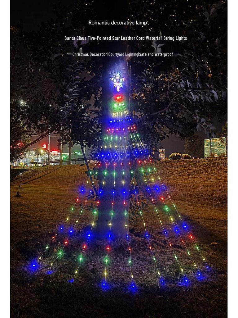 LED Solar Santa Pentagram Waterfall String Lights - Copper Wire Star Fairy Lights for Christmas Tree & Courtyard Decorations