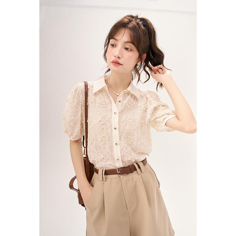 Mishow Women's Blouse 2023 Summer New French Style V-neck Hollow Out Puff Sleeves Fabric Composition Elegant Tops MXC38C0057