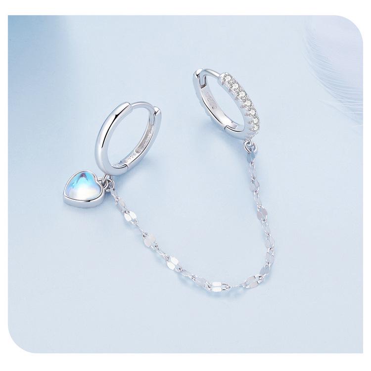Avle Стерлинговое серебро S925 Цепочка с лунным камнем в форме сердца Двойные серьги-каффы для ушей BSE809