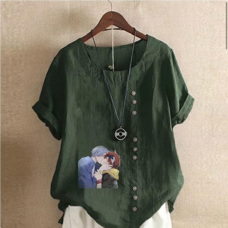 Women's Fashion Little Couple Prined Round Neck Short Sleeve T-shirt Casual Cotton Linen Graphic Shirt Leisure Loose Summer Blouse Tops