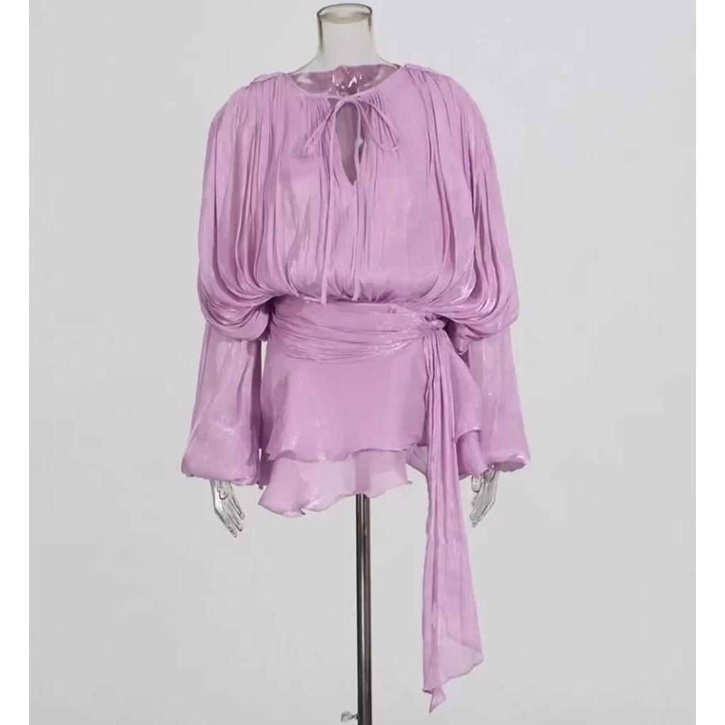 Шикарные платья мини с кружевной шнуровкой, свободного кроя, сексуальные, для женщин, с круглым вырезом, длинными рукавами, минималистичные, с оборками и складками, женская мода