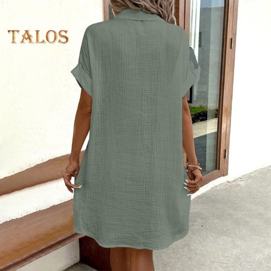 Летнее женское платье с отложным воротником, однобортное, свободное, с короткими рукавами, свободное, однотонное, с накладным карманом, длиной до колена, для отдыха, миди-платье