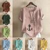Women's Fashion Round Neck Short Sleeve T-shirt Casual Cotton Linen Graphic Shirt Leisure Loose Anchor Prined Summer Blouse Tops