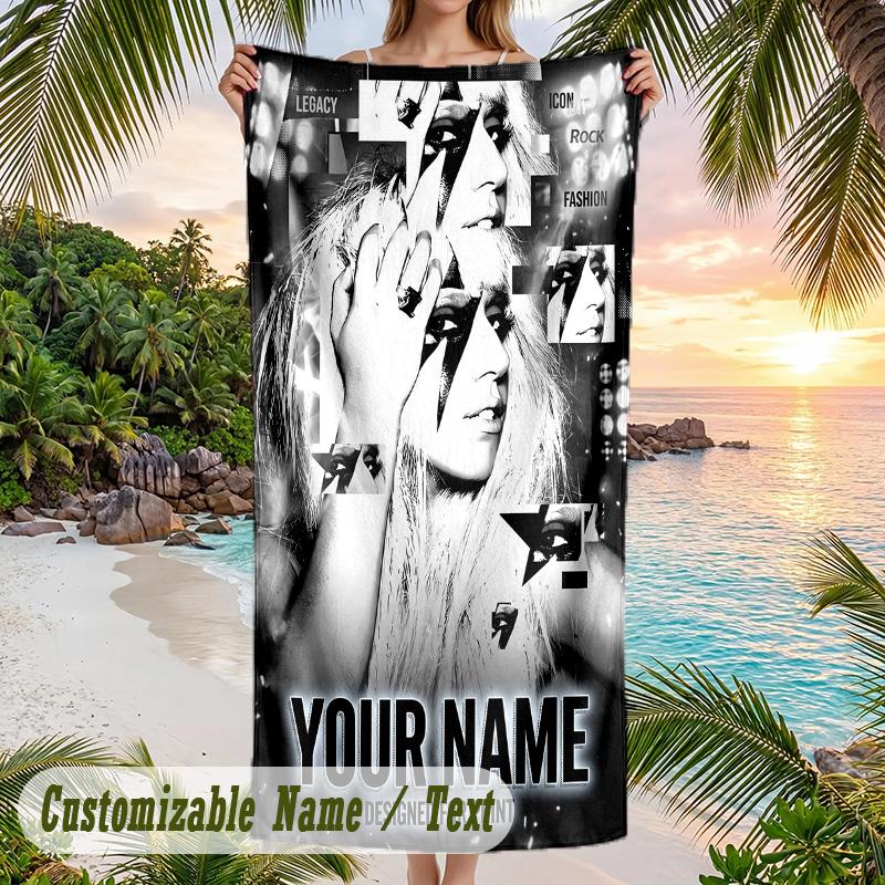 Lady Gaga Beach Towel, Personalized Custom Name Text, Quick Dry Large Absorbent Towel For Beach Pool