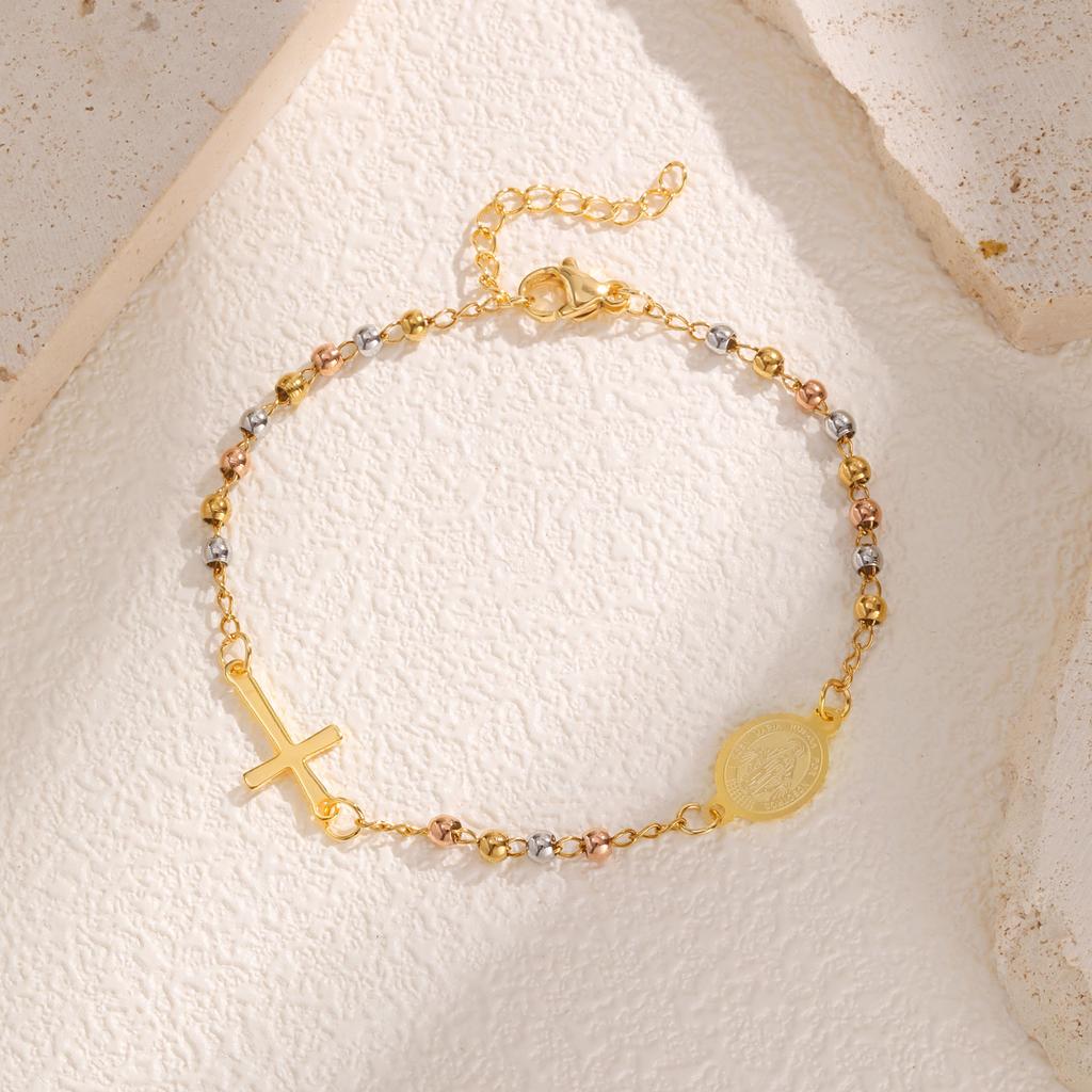 Трехцветный браслет-крест Святого Розария для женщин, Браслет из нержавеющей стали с круглыми бусинами, золотого цвета, Христианские украшения с изображением Девы Марии