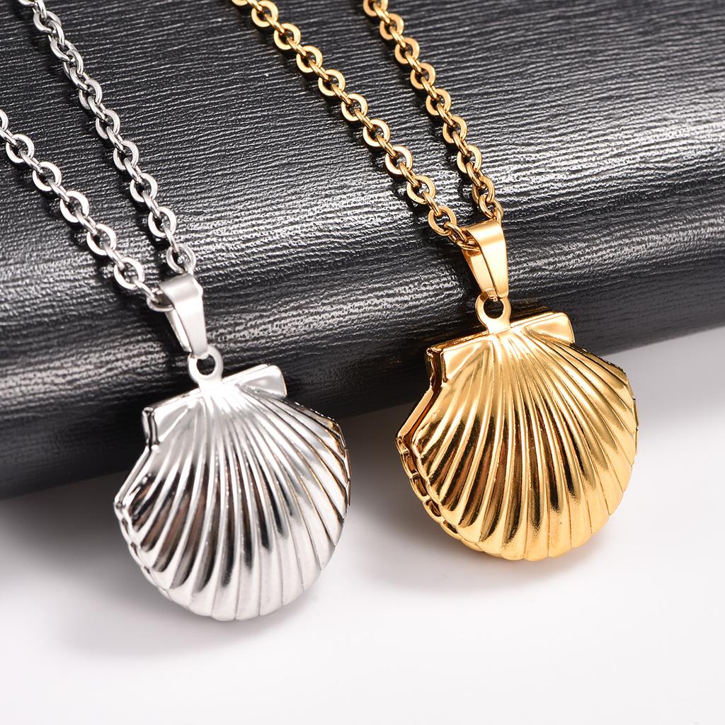 Cute Seashell Stainless Steel Photo Box Locket Pendant Necklace for Women Men Memory Picture Frame Charms Chain Metal Jewelry