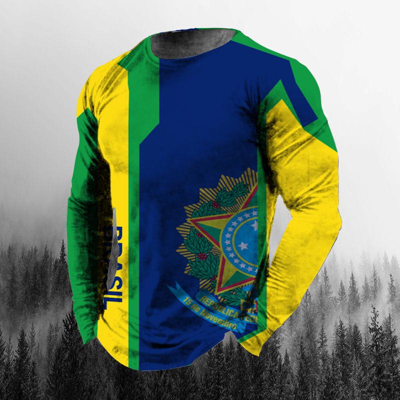 Винтажная осенняя мужская футболка с 3D принтом бразильского флага и круглым вырезом, повседневная футболка большого размера с длинными рукавами, модный пуловер, мужская одежда