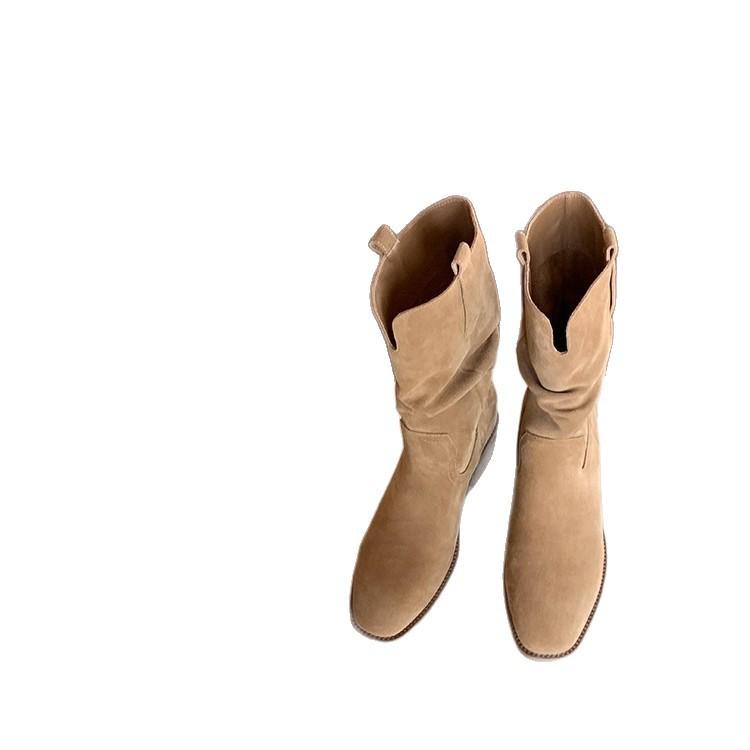 Увеличение высоты 8 см~ круглый носок V-образный вырез толстый каблук толстая подошва тонкий большой обхват голенища с ворсом короткие сапоги женские ботинки Мартин ковбойские сапоги в западном стиле