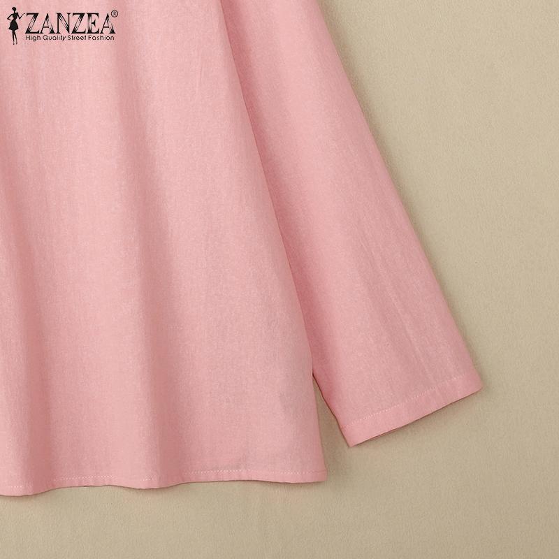 ZANZEA Женские хлопковые однотонные блузки с круглым вырезом и длинным рукавом