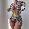 Swimsuit Women's Split Three Piece Set High Waist Drawstring Print Long Sleeve O Neck Lace Up Bikini Suits KTY