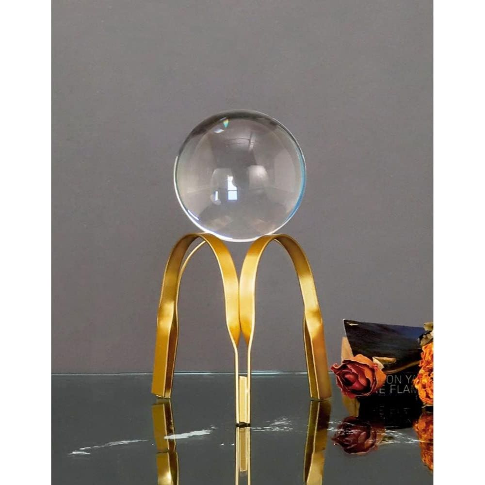Clear Crystal Ball with Gold Art Deco Stand | Light Luxury Crystal Sphere for Photography, Ornaments, Bookcase Decor, Wedding, and Party